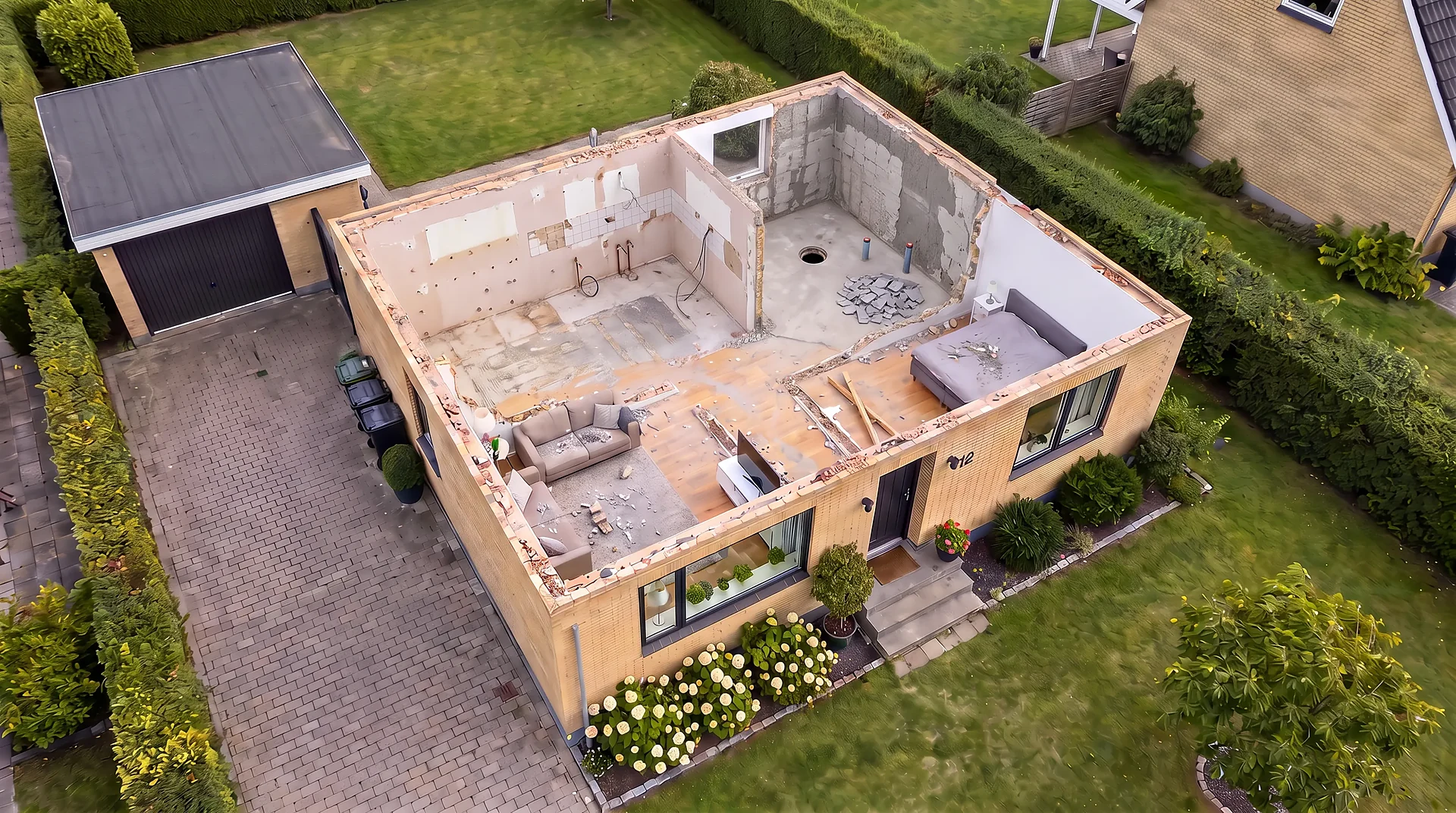 Badeværelset strippet ned til beton og gulvafløb